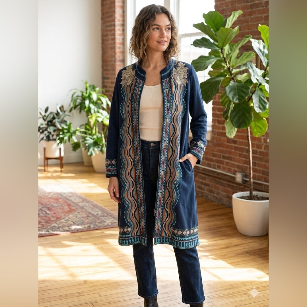 Johnny Was S Embroidered Long Sweatshirt Jacket Duster Navy Blue Southwest